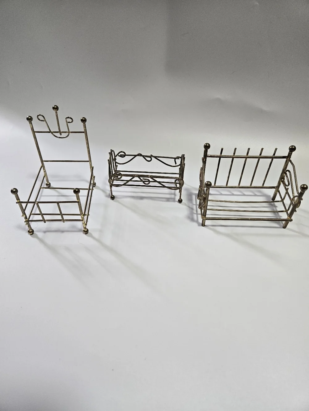 Set Of 3 Vintage Miniature Bed Daybed Crib Doll House Metal Gold Retro Fairy